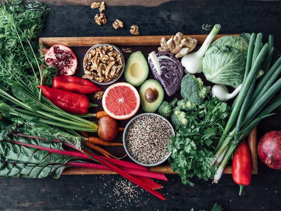 Collection Of Raw Food, Fruits And Vegetables On A Tablet